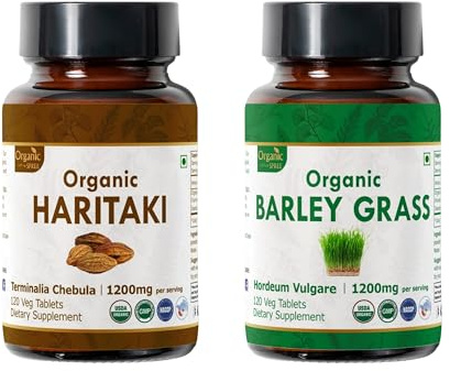 ORGANIC SPREE Haritaki & Barley Grass Supplement – USDA Organic Terminalia Chebula & Hordeum Vulgare 120 Tablets Each