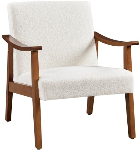 Yaheetech Butaca de Salón Tapizado en Bouclé Sillón Individual con Respaldo Acolchado y Reposabrazos de Madera Maciza Sofá Individual Ergonómico Soporte 136 kg Blanco
