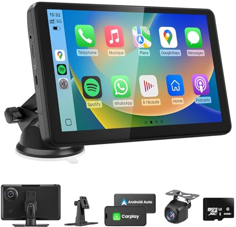 Autoradio Bluetooth, 9 Pouce Écran CarPlay Voiture & Android Auto sans Fil | Portable Autoradio avec Caméra de Recul, Commande Vocale, Navigation GPS, FM, MirrorLink, Appels avec Mains Libres, AUX