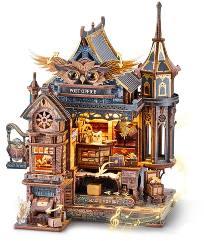 FUNPOLA LED 3D Wood Puzzle Owl Post Office, Dynamic Model with Mechanical Gears, DIY Miniature Kit with Music and LED Lights, Home Décor Gift for Adults and Teens