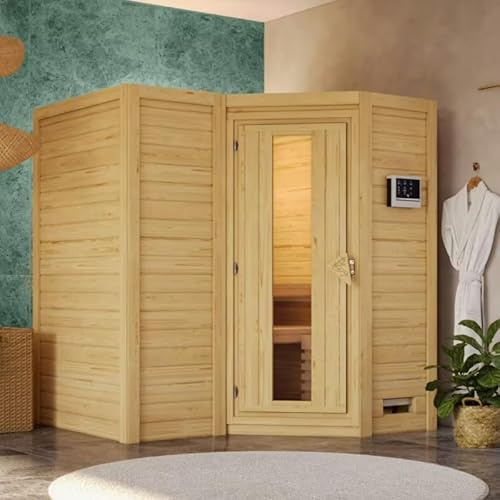 Karibu Sahib 1 | Sauna d'Intérieur d'Angle en Bois Massif 38mm pour 4-5 Personnes | Porte Isolante avec Fenêtre en Verre Trempé | Dimensions 78x187cm | Sans Poêle
