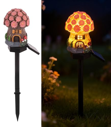 Iridsmole Solar Mushroom House Lights, Solar Garden Lights, Fairy Tale Ornament, Waterproof Powered Pathway Light, Stake Lights for Outdoor Garden, Miniature Garden Decoration for Walkway (Pink)