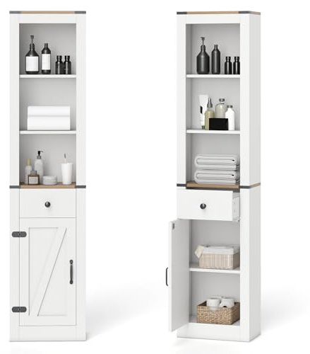 COSTWAY Badezimmerschrank schmal, Badschrank Hochschrank mit Schublade & verstellbarem Regal, Aufbewahrungsschrank Holz für Badezimmer, Wohnzimmer & Küche, 40 x 24 x 173cm, Landhausstil