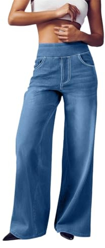 Elastiska raka ben jeans för kvinnor UK hög midja säckiga jeans magisk formande magkontroll stretchbyxor push-up rumplyft denimbyxor avslappnad passform damer breda ben byxor, Ljusblått, XXL