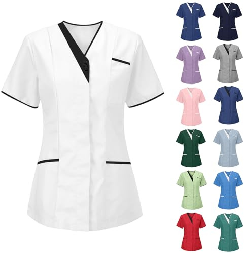 Tunique Médicale Femme Col En V Manche Courte Blouse Infirmiere Uniforme De Travail Haut Tenue Aide Soignante Professionnelle Esthéticienne Doux Confortableavec Vêtement Lavables Durables Blanc