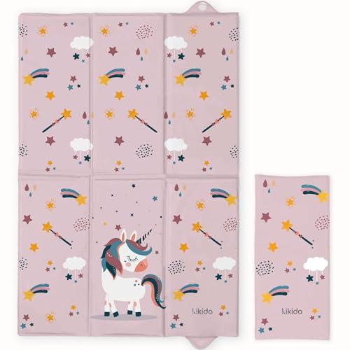 Kikido Baby Wickelunterlage 40x60 cm - Wickelunterlage unterwegs, faltbar und wasserdicht - Einhorn - Weiche Reise waschbar für den Windelwechsel - 60x40 cm