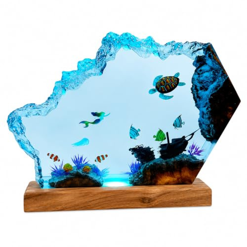 Drawelry 3D Meereswelt Nachtlicht Ornamente, Epoxidharz Ozean Tier Deko Lampe mit Holzbasis, LED Stimmungslicht für Schlafzimmer, Weihnachten Geburtstag Geschenk für Taucher, Mama, Papa, Kinder (C20)