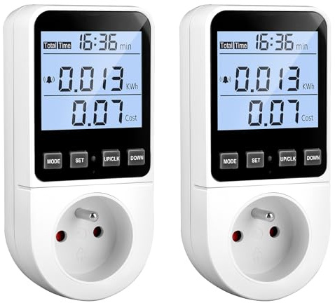 2 Pièces Wattmètre Prise Compteur d'Énergie 8 Modes, Prise Consommation Electrique Écran LCD Rétroéclairé, Mesure Consommation d'Énergie Compteur Électrique avec Alarme Sonore de Surcharge 3680W