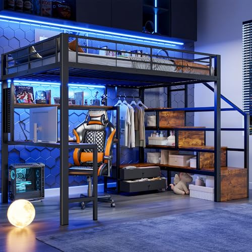Yihomfy Letto a soppalco per bambini, 140 x 200 cm, letto per bambini, 1 posto, con striscia LED, ripostiglio, telaio in ferro, 2 cassetti, griglia sospeso, scrivania, scala con deposito, nero (senza