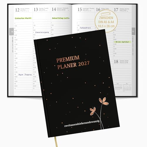 TOBJA® Buchkalender 2027 OptiPlaner Noir - Premium Planer schwarz mit Roségold-Akzent, 30-Min-Taktung 7-21 Uhr, Wochenplaner zwischen A5 & A4 (18,5x26 cm), FSC | Premium Terminplaner 2027