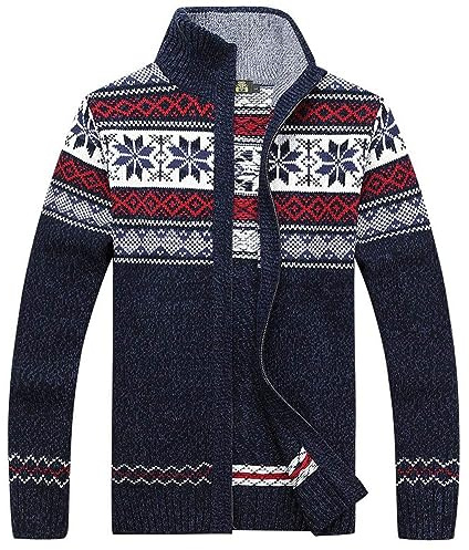 Kedera Men's Nordic Fair Isle Jacquard Stand Collar Sweater Cardigan Ugly Christmas Sweaters Holiday Party (X-Large, Blue)