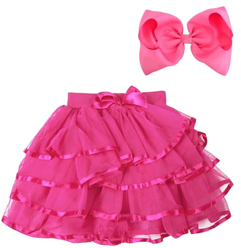 BGFKS 4 Layered Tulle Tutu Skirt for Girls with Matching Hairbow,Girl Ballet Tutu Skirt (Rose, 5-7 Years)