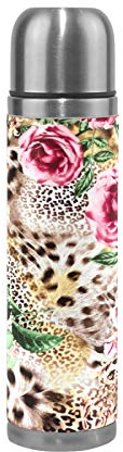 Linomo Thermosflasche Leopard Druck Blumen Rose Edelstahl Wasserflasche,Isoliert Auslaufsicher, Doppelwandig Vakuumflasche für Sport Reise Camping Büro 500 ml