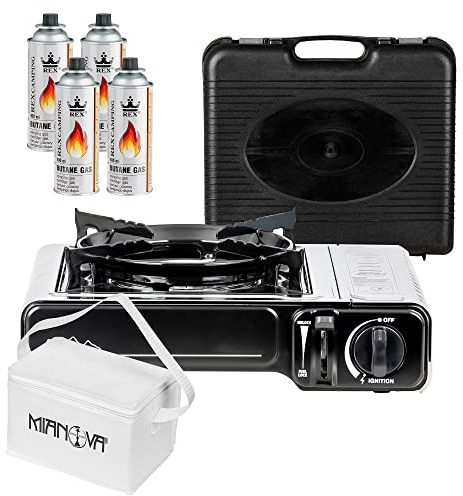 Mianova Campingkocher Outdoor Gaskocher Notfallkocher BBQ Anzünder Grill mit Gaskartuschen 1-flammig Set mit Grillplatte Camping Koffer und 4 Gasflaschen