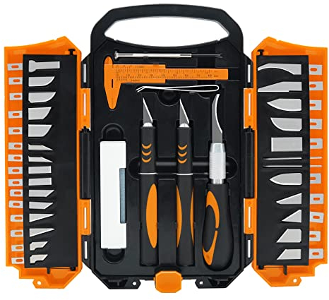 MANUFORE 34 Stück Skalpell Set Orange mit 3 Bastelmesser,25 Ersatzklingen, 2 Nadeln,1 Präzisionsschraubendreher, Pinzette,Schärfstein und Messschieber,Carving Craft Messer Set für Scrapbooking, DIY