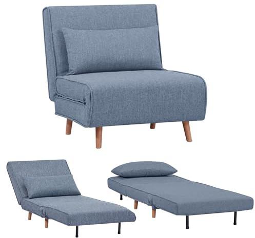 EVERGREENWEB Poltrona Letto Singolo con Cuscino Imbottito INCLUSO, Tessuto Blue Jeans, Divano 1 Posto Salvaspazio Pieghevole, Pouf Poggiapiedi, Schienale Regolabile Clic Clac, Gambe in Legno, FOLDY