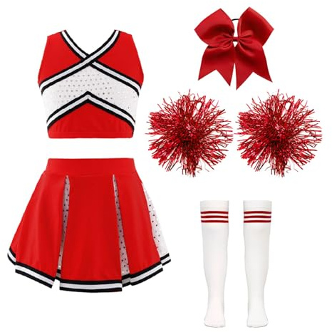 inlzdz Kids Girls Cheer Leader Costume Junior School Cheerleading Team Uniform Dance Tank Top with Pleated Skirt 5pcs Set C Red 7-8 Years