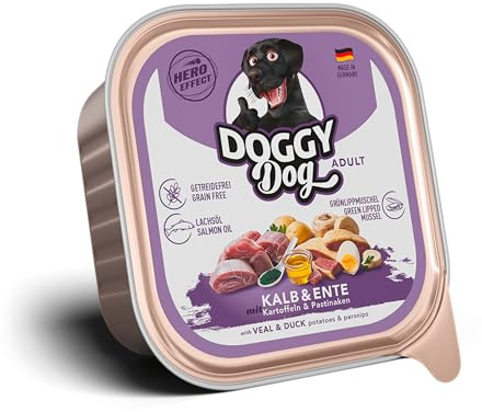 DOGGY Dog Paté veau et canard - 10 x 150 g - Nourriture humide pour chien - Sans céréales - Avec huile de saumon et moule à lèvres vertes - Aliment complet avec pommes de terre et panais - Fabriqué en