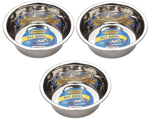 Multipack - Munch & Crunch Stainless Steel 20cm Dog Bowl - Ideal for Small, Medium, & Large Dogs - Perfect for Cats and Dogs - Pets Feeder and Water Bowl (Metal Pet Bowl, Pack of 3)
