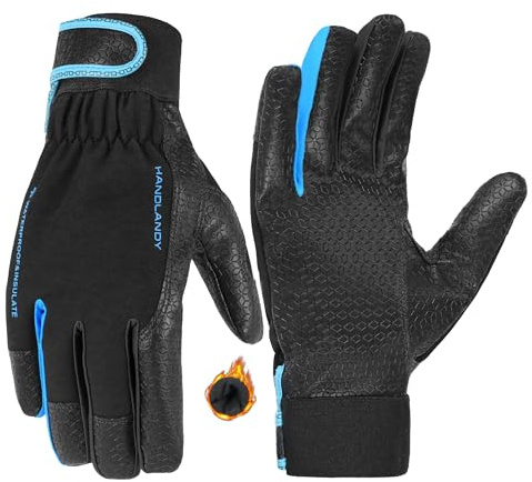 HANDLANDY Men Thermal Winter Leather Work Gloves, Waterproof, Cold Weather, Driving, Hiking, Running, Outdoor Work (Black-Blue, L)