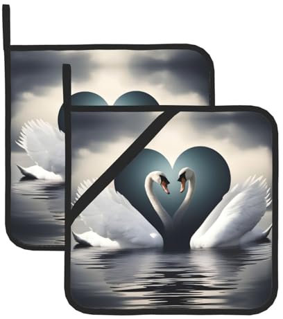 WHJYYXDE Set di 2 presine da cucina, 20,3 x 20,3 cm, isolamento termico, in tessuto impermeabile, con stampa a forma di cuore di cigno