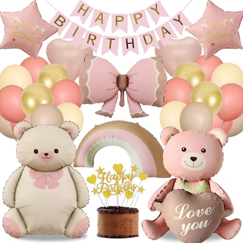 Geburtstag Deko Mädchen Rosa, Bär Geburtstagsdeko, Bär Luftballons Set | Kindergeburtstag Deko mit rosa Bär Ballons, Happy Birthday Banner, Herzballons, Latexballons und Kuchendeko