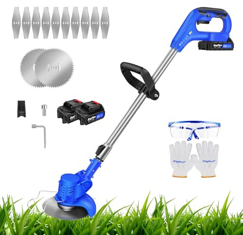 21V Cordless Strimmer Grass Trimmer, 10000 RPM, Electric Garden Strimmer with 2 Batteries for Garden and Lawn, Blue