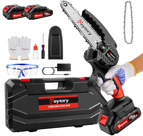 Mini Chainsaw Cordless 6 Inch, Small Hand Held Chainsaws, Electric Pruning Chain Saw with 2 Chains & Security Lock, Battery Chainsaw for Wood Cutting Tree Trimming (2 Battery and Charger)