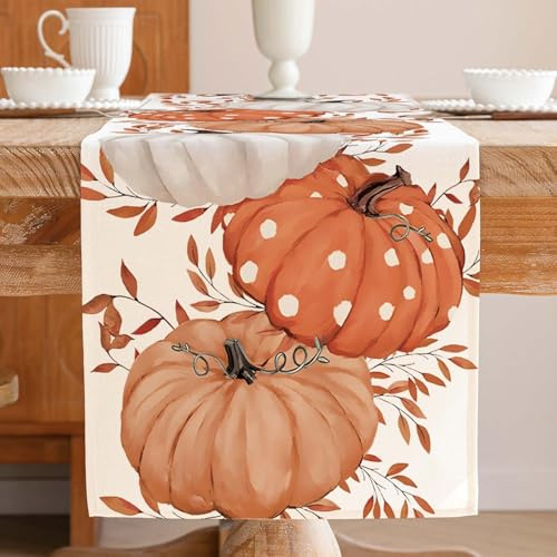 Jayusaror Tischläufer Herbst Orange Kürbisse Blätter Modern Klein Tischdecke Schmal Pumpkin Aesthetic Outdoor Innen Herbstdeko Abwaschbar Tisch Läufer für Küche Party Deko 40x140 cm
