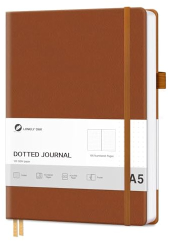 Lonely Oak Notizbuch A5 Dotted Hardcover, Bullet Dotted Journal 120g/m²Dickes Premium Säurefreies Papier, 156 Seiten Journal mit Gummiband & Innentasche, 14,5 x 21,3 cm (Braun)