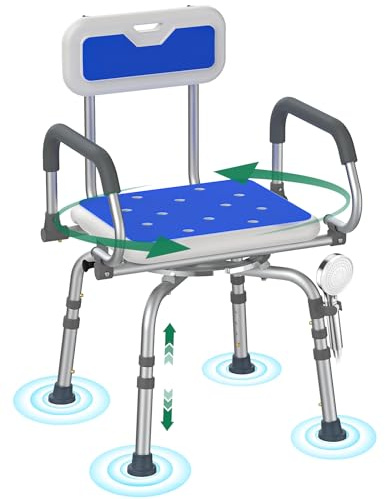 Luckfaith Taburete de Ducha Giratorio 360° – Silla de Ducha Ajustable con Respaldo y Brazos Pivotantes, Taburete de Baño Antideslizante para Personas Mayores y con Discapacidad