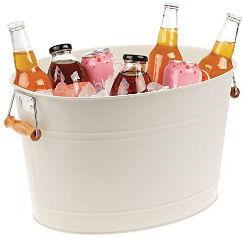 mDesign Weinkühler - Dekorativer Sektkübel mit Holzgriffen - Idealer Eiskübel für Wein, Bier, Sekt oder Erfrischungsgetränke - Creme/Natur