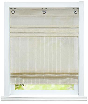 ESLIR Raffrollo ohne Bohren Gardinen Küche Raffgardinen mit Ösen Landhaus Ösenrollo Vorhänge Leinen Halbtransparent Sand BxH 80x140cm 1 Stück
