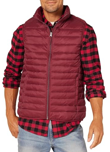 Amazon Essentials Herren Leichte, Wasserbeständige Pufferweste, Verstaubar, Dunkelrot, M