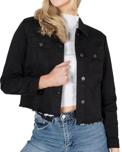 NOROZE Women's Denim Jacket Cropped Denim Jacket Women Ripped Self Fabric Distressed Hem Casual Jean Coat (18, Black)