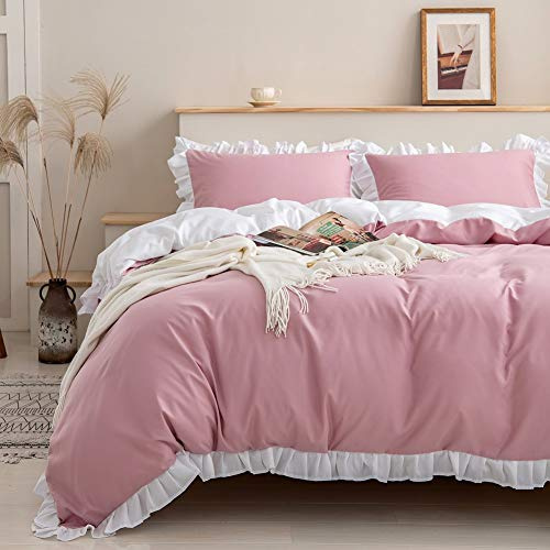 Loussiesd Ruffle Bedding Set, Super Soft Luxury Pink Washed Microfiber Comforter Cover Set, Shabby Chic Farmhouse Duvet Cover and Pillow Shams, Zipper Closure & Corner Ties Bedroom Decor 2Pcs Double