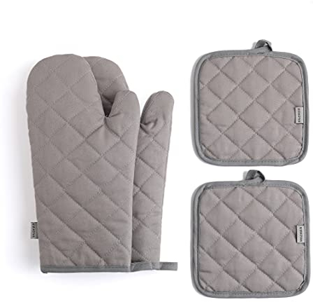 Set di 4 guanti da forno e presine, resistenti al calore, 500 gradi, extra spessi, lunghi, guanti da cucina in cotone per cucinare (30,5 cm, grigio)