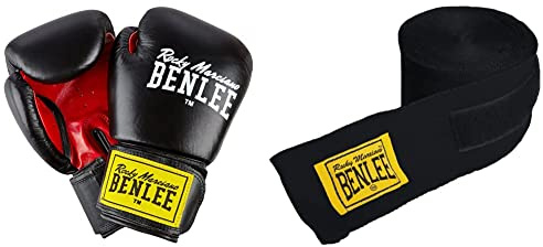 BENLEE Rocky Marciano Leder Boxhandschuh Fighter, Schwarz/Rot,(Black/RED) Grösse: 14 oz & Unisex-Adult Rocky Marciano Boxbandagen, Schwarz, 3m