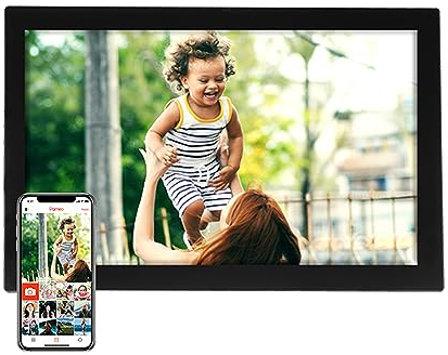 Denver PFF1037 Digitaler Bilderrahmen mit Glasdisplay und WiFi, 10.1 Zoll, Elektronischer Bilderrahmen 16GB mit FRAMEO App, IPS Touchscreen, Auto-Rotate, Micro SD Slot, Schwarz