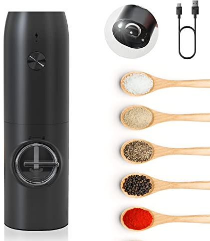 MERTTURM Molinillo Pimienta Eléctrico Recargable, Molinillo Especias con Luz Blanca LED, Grosor Ajustable, Rotor de Cerámica, Operación de Una Mano, Molinillo Sal y Pimienta para Cocina, BBQ