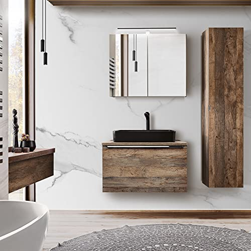Lomadox Set di mobili da bagno vintage in quercia, 80 cm, lavabo in ceramica, armadi a specchio a LED, armadietto alto
