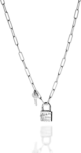 QUADRI - Damenhalskette aus 925er Silber - 3.20 MM Büroklammer Büroklammerkette mit Vorhängeschloss und Liebesschlüssel - 56 cm lang mit 5 cm Verlängerung. - Made in Italy-Zertifikat