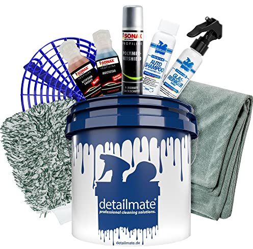 9tlg Autowasch Bundle – detailmate Wascheimer, Autoshampoo, Glasreiniger + SONAX Actifoam, Profiline Multistar, Ceramic Quick Detailer + Garage Freaks Waschhandschuh, Trockentuch + Grit Guard Einsatz