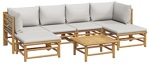 vidaXL Loungegrupp 7 delar ljusgråa dynor bambu, trädgårdssoffa, utemöbler, loungeset, trädgårdssoffor, trädgårdsmöbler, loungegrupp i bambu