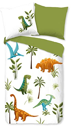 ESPiCO Bettwäsche Trendy Bedding Jurassics Weiß Grün Dinosaurier Dinos T-Rex Flugsaurier Palmen Wendeoptik Baumwolle, Größe:135 cm x 200 cm