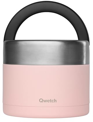 QWETCH - Fiambrera Isotérmica Inox con Asa - Acero Inoxidable 850ml Pastel Rosa - Caja Almuerzo 5h Caliente y 7h Fría - Hermética, Sin BPA y Reutilizable - Lunch Box para Oficina, Picnic, Senderismo