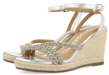 GIOSEPPO Sandali in pelle fucsia con strisce con pietra e zeppa alta di juta da donna MENFI, argento, 37 EU