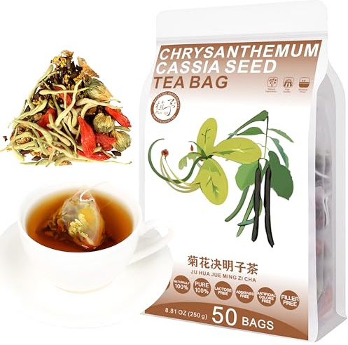 Plant Gift 50 Tassen Chrysanthemum Cassia Seed Tea Bag (菊花决明子茶 JU HUA JUE MING ZI CHA) Große Klette, Wolfberry, Geißblatt, Osmanthus 8.81oz (5g*50bags/250g) Gemischte Kräuterkombination von Blumentee