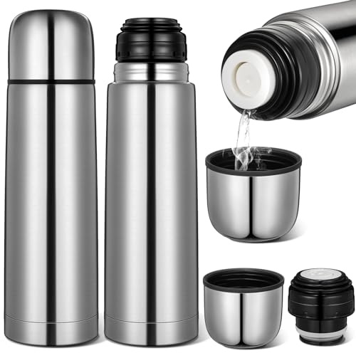 Domensi 2 Pcs Stainless Steel Thermal Bottle 17 oz/ 500 ml Hot Water Flask Coffee Travel Mugs with Cup Cafe Sealed Vacuum Insulated Bottles for Hot Drinks