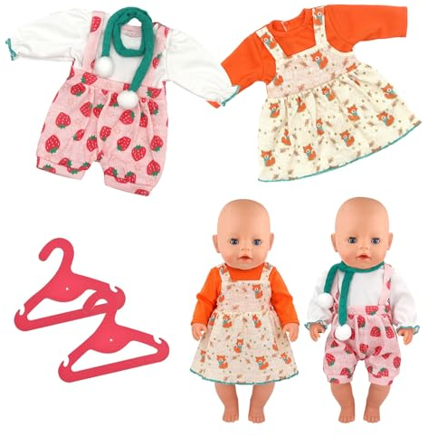 Idota 2 Stück Puppenkleidung, Süße Puppenkleider Enthalten Erdbeer Overall mit Schal + Fuchs Strapskleid + Kleiderbügel Puppenkleider für 35-45 cm Frühchen Kleidung Puppen (Puppen Nicht Enthalten)